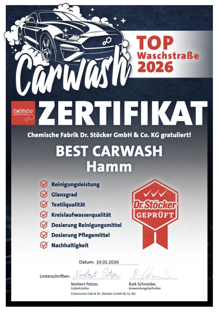 Zertifikat für BEST CARWASH Hamm als TOP Waschstraße 2026